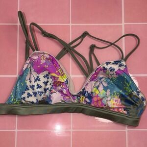 Victorias Secret XS Floral Satin Triangle Bralette Strappy Back Olive Green